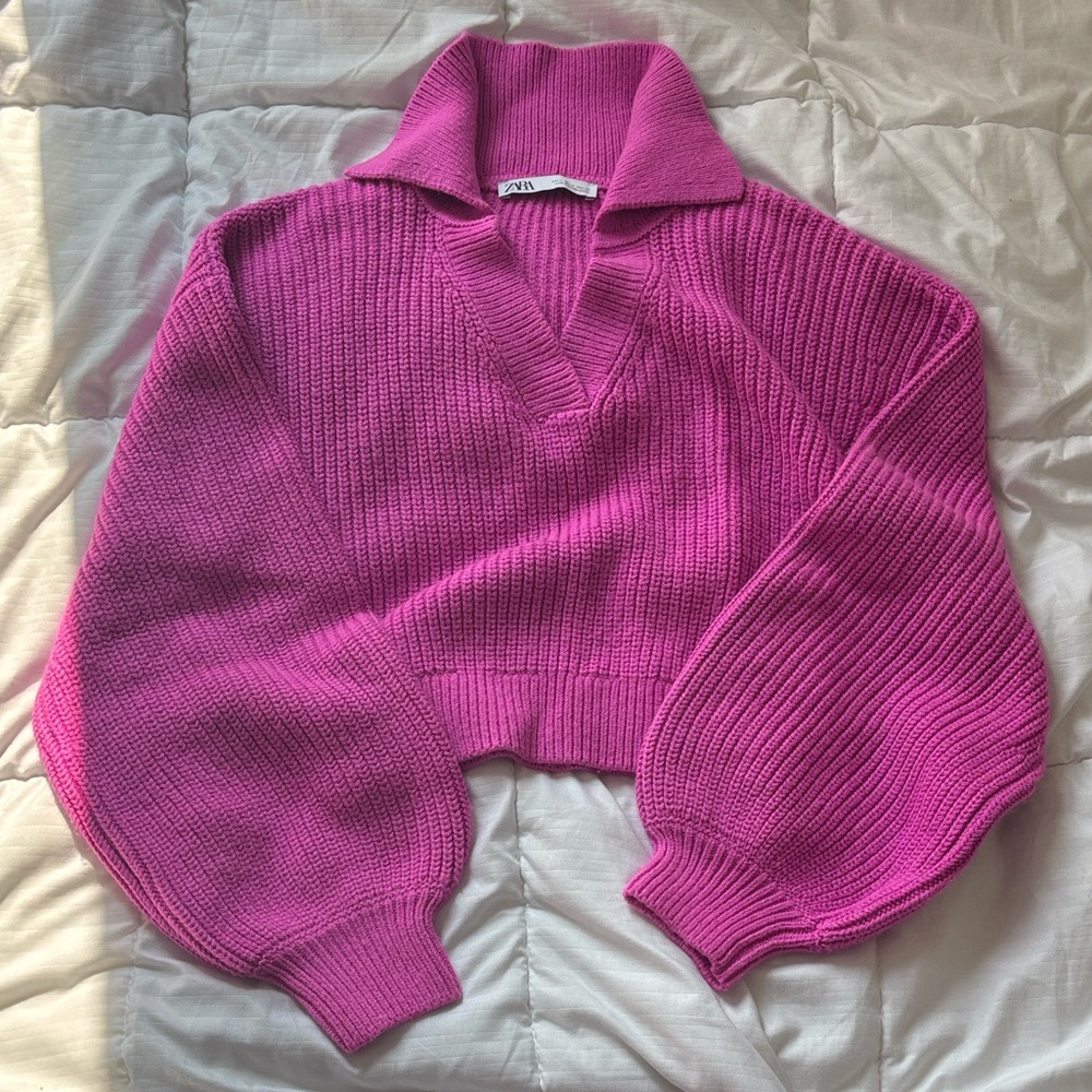 Zara Women's Cropped Fuchsia Collar Knit Sweater